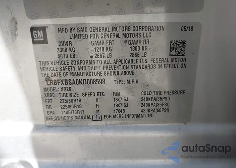 2019 Buick Envision Fwd Preferred из США, поврежденный, VIN LRBFXBSA0KD008598